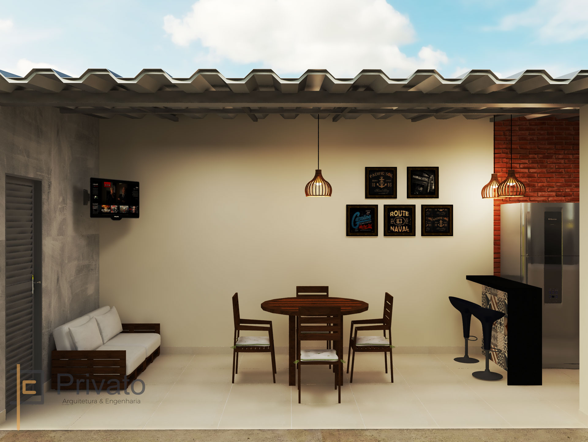 Area interna com churrasqueira em modelagem 3d